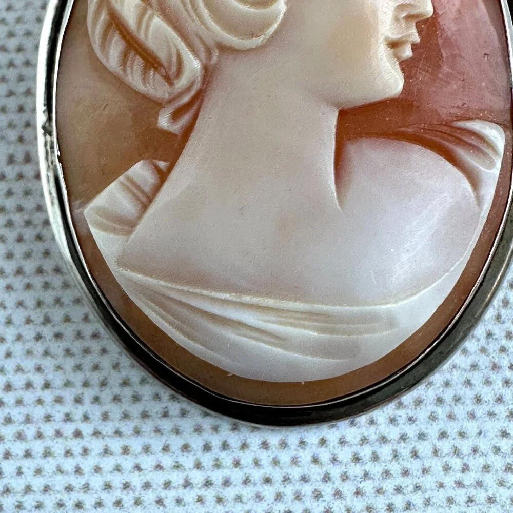 Vintage 800 Silver Shell Cameo Brooch Pendant - Picture 9 of 14